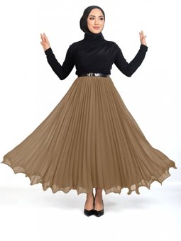 Vizon Uzun Volanlı Beli Lastikli Şifon Pliseli Etek