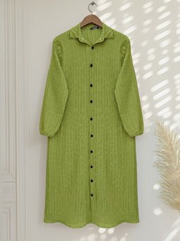 Yağ Yeşili Boydan Düğmeli Kolu Lastikli Uzun Krinkıl Tunik