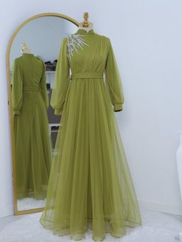 Yağ Yeşili Önü Taş Detaylı Drapeli Kemerli Tül Abiye Elbise