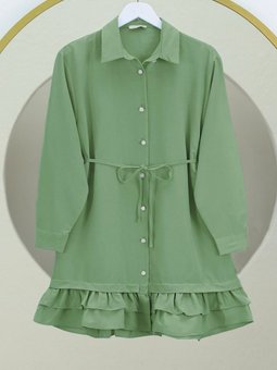Yeşil Etek Ucu Katlı Fırfırlı Düğmeli Poplin Gömlek Tunik