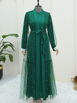 Yeşil İnci Detaylı Kuşaklı İkili Abaya