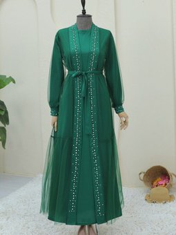 Yeşil Önü Taş Ve İnci Detaylı Beli Bağcıklı İkili Abaya