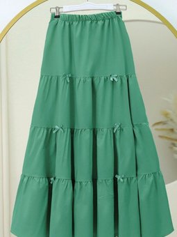 Yeşil Uzun Kurdele Detaylı Parçalı Beli Lastikli Etek