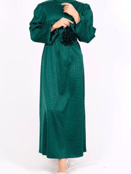 Zümrüt Yeşili Balon Kol Kemerli Taşlı Saten Abiye Elbise