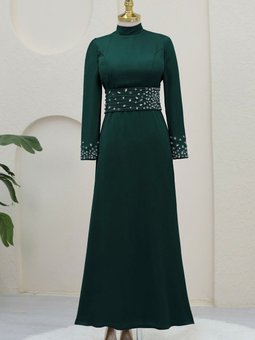 Zümrüt Yeşili Korse Kemerli Taşlı Saten Abiye Elbise