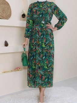 Zümrüt Yeşili Önü Pileli Kemerli Şifon Elbise