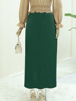Zümrüt Yeşili Uzun Beli Lastikli Pliseli Kalem Etek