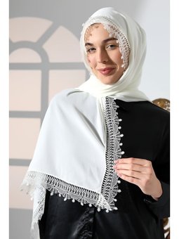 Çiçek Motifli İğne Oyalı Dantelli Demor Eşarp Mevlüt Örtüsü Ekru