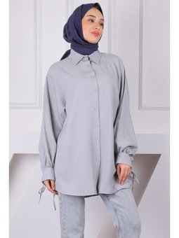 Gri Kol Bağlamalı Keten Tunik