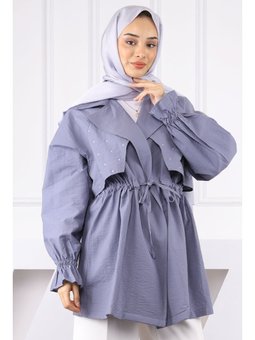 Gri Kruvaze Yaka Önü Taşlı Ceket