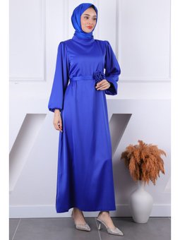 Saks Mavisi Mavi Gül Kemer Detaylı Balon Kol Saten Abiye Elbise