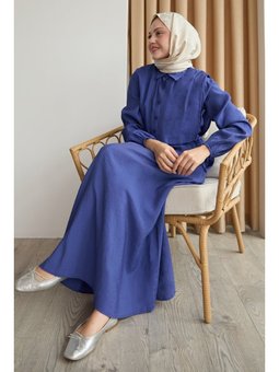 Bolerolu Bağlamalı İndigo Elbise