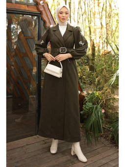 Boncuk İşlemeli Kemerli Haki Kap