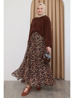 Dökümlü Kıvrımlı Leopar Desen Taba Şifon Etek