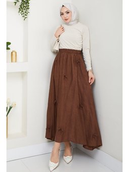 Fiyonk Detay Beli Lastikli Acı Kahve Etek