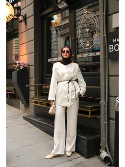 Çizgili Vizolin Kruvaze Beyaz Ceket