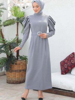 Gri Balon Kol Abiye Elbise