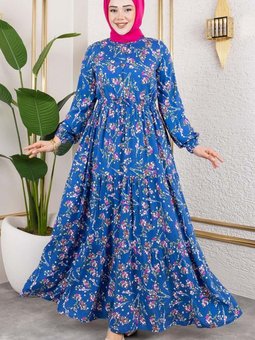 İndigo Asel Çiçekli Viskon Elbise