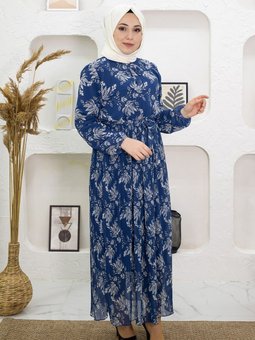 İndigo Çiçek Desenli Pileli Elbise