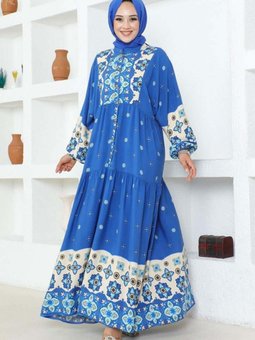 İndigo Otantik Desenli Viskon Elbise