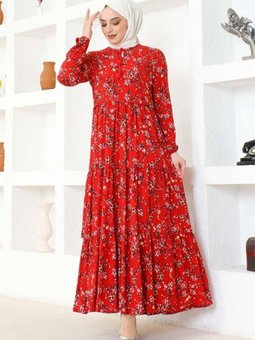 Kırmızı Çiçek Desenli Viskon Elbise