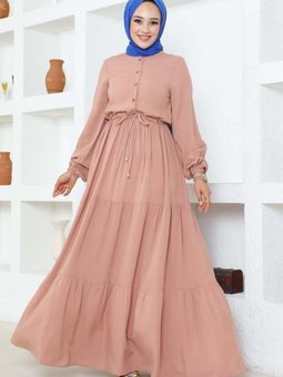 Pudra Belden Bağcıklı Viskon Elbise