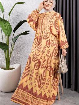 Sarı Etnik Desen Viskon Elbise