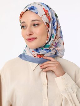 Shantuq Soft Krem Eşarp Çiçek Desen İndigo