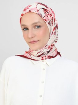 Shantuq Soft Krem Eşarp Çiçek Desen Vişne