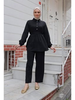 Taş Düğme Detaylı Siyah Takım