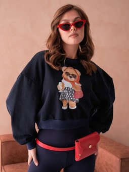 Lacivert Teddy Bear Crop Ayıcıklı Sweat Şardonsuz İnce Tasarım İplik Sweatshirt