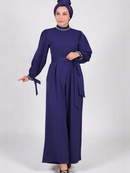 İndigo İnci Detaylı Tulum Abiye Elbise
