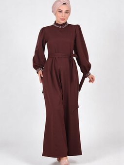 Kahverengi İnci Detaylı Tulum Abiye Elbise