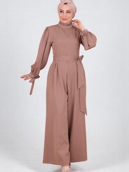 Kahverengi İnci Detaylı Tulum Abiye Elbise