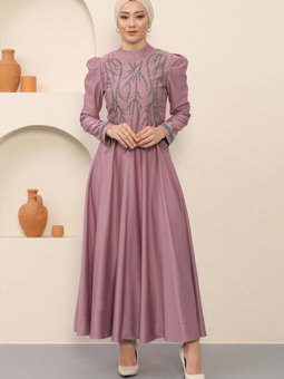 Lila Taşlı Saten Abiye Elbise
