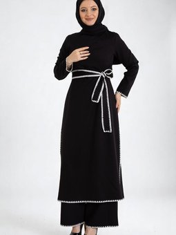 Siyah Çoban Dikişli Kemerli İkili Takım