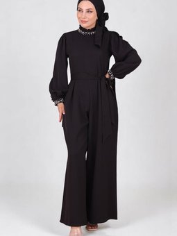 Siyah İnci Detaylı Tulum Abiye Elbise