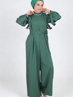 Zümrüt Yeşili İnci Detaylı Tulum Abiye Elbise