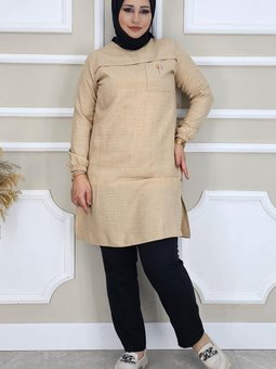 Bej Aller Ve Taş Detaylı Tunik