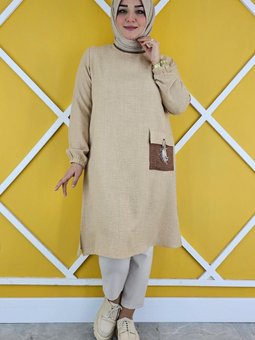 Bej Cep Püskül Detaylı Tunik