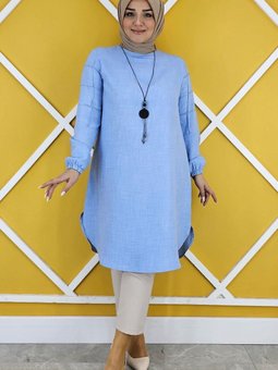 Buz Mavi Kolları Nervür Detaylı Tunik