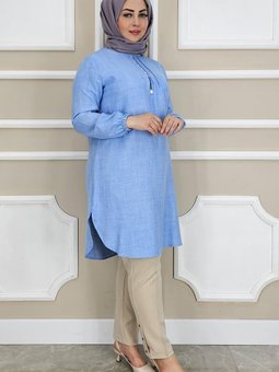 Buz Mavi Nervür Ve Taş Detaylı Tunik