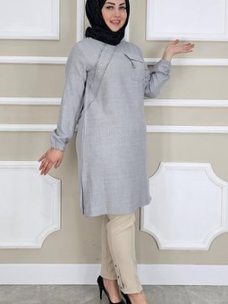 Gri Aller Taş Detaylı Tunik