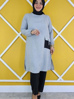 Gri Cep Püskül Detaylı Tunik