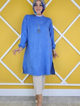 İndigo Omuz Taş Detaylı Kolyeli Tunik