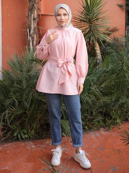 Kol Yaka Büzgülü Kemerli Pudra Tunik