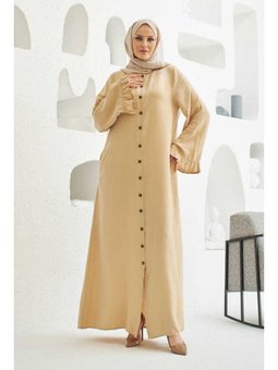 Denim Düğmeli Kolları Fırfırlı Ferace Bej