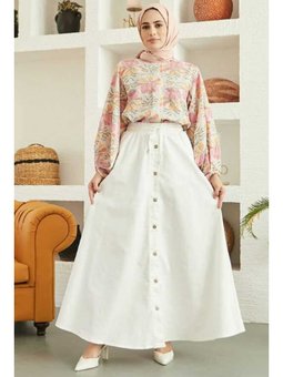 Denim Mevlana Düğmeli Etek Beyaz