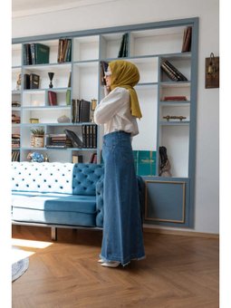 Denim Parçalı Etek Koyu Mavi