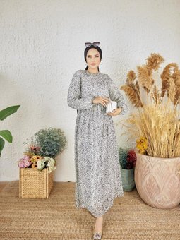 Beyaz Ankanoor Renkli Desenli Şifon Elbise